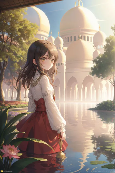 1girl, awardwinning, surreal, Westernpunk Small Ruby Red, Beige and Olive ([Alpine:Sheikh Zayed Mosque:5]:1.3) from inside of a Minas Tirith, Overgrown lake with Pond water lilies, at Sunset, scene art, [ (by George Tooker:1.2) , (John William Godward:0.9) , (Lucas Cranach the Elder:1.0) , (Evelyn Dunbar:1.3) :3], detailed, masterpiece, Angry, Baroque Art, Ethereal Lighting, Depth of field 100mm, Kodak portra, National Geographic, raytraced reflections, 4K, extremely beautiful