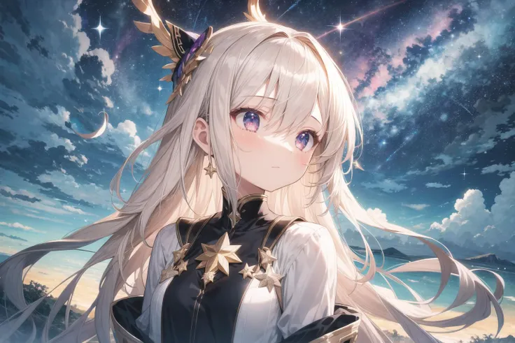 absurdres, highres, (official art, beautiful and aesthetic:1.2), close view,
1girl, shining sky, vast world, gazing, awe-inspiring expression, distant horizon, clouds, high hill, natural beauty, inspiration, night sky, Shining Stars,