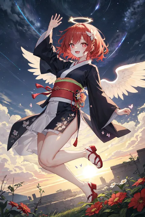 absurdres, highres, face_focus, mid_shot, dutch angle, from_side, 
beautiful red eyes, ruby textured pupils, (smiley and round eyes), 1 girl, solo, [tiny:medium:0.7] breasts, (sparkling pupils:0.8), (pale red hair), (short hair), (wavy hair ends), 
;d, looking_up, open mouth, jumping, fang_out, 
black_short_kimono, obi, butterfly_hair_ornament, 
angel halo, angel, angel wings, 
church, chinese style architecture, flower sea, flowers meadows, day, sun, star_trail, starry_sky, 
BREAK
Beautiful butterflies in detail)), ((Beautiful stars in detail)), particle, (Starry sky in beautiful detail), (Hazy fog), (Ruins of beautiful details), (sunlight:1.2), dynamic angle, floating, (Holy Light), silver stars