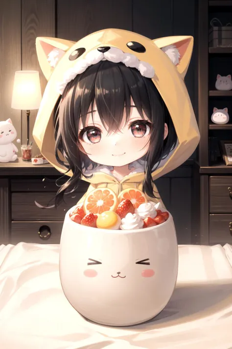 absurdres, perfect lighting, fantasy, ethereal,
solo, 1girl, (chibi:1.4), (animal costume, animal hood, fuwafuwa), kawaii, cute face, black hair, straight hair, black eyes, tareme, drooping eyes, smile,
sweets room, fruits,