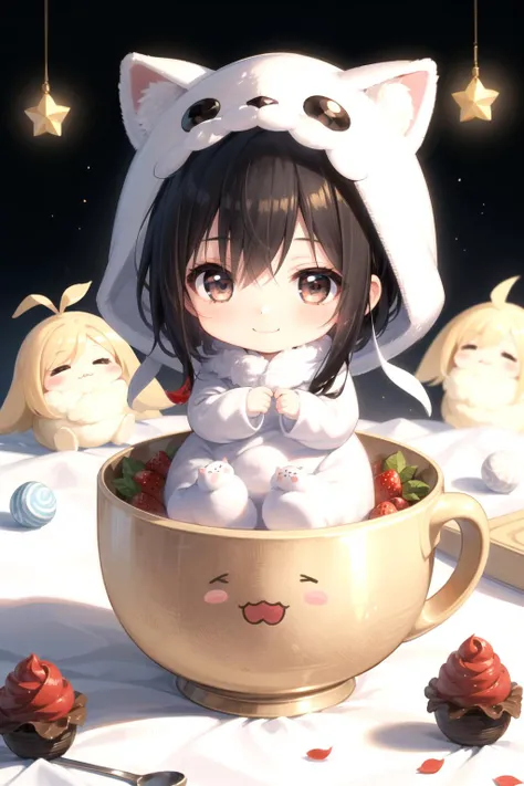 absurdres, perfect lighting, fantasy, ethereal,
solo, 1girl, (chibi:1.4), (animal costume, animal hood, fuwafuwa), kawaii, cute face, black hair, straight hair, black eyes, tareme, drooping eyes, smile,
sweets room, fruits,