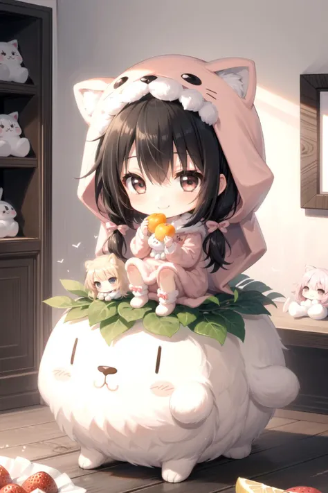 absurdres, perfect lighting, fantasy, ethereal,
solo, 1girl, (chibi:1.4), (animal costume, animal hood, fuwafuwa), kawaii, cute face, black hair, straight hair, black eyes, tareme, drooping eyes, smile,
sweets room, fruits,