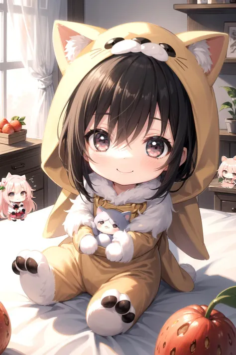 absurdres, perfect lighting, fantasy, ethereal,
solo, 1girl, (chibi:1.4), (animal costume, animal hood, fuwafuwa), kawaii, cute face, black hair, straight hair, black eyes, tareme, drooping eyes, smile,
sweets room, fruits,