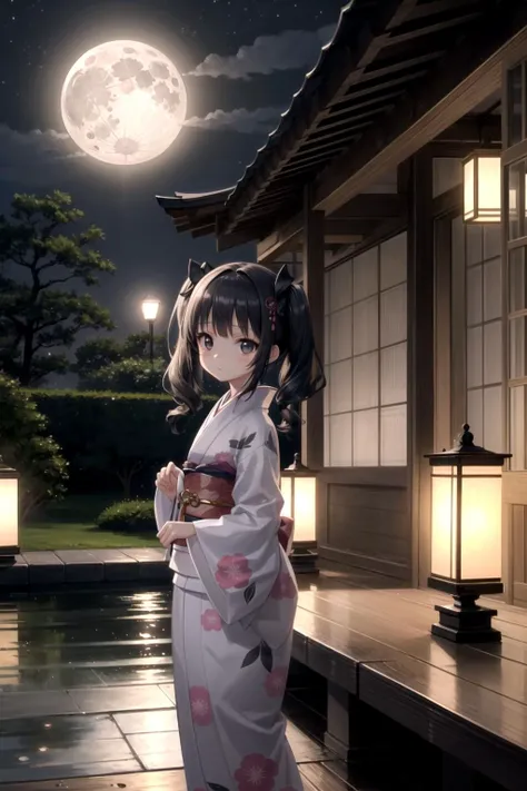 realistic, 3d, absurdres, depth of field, scenery, perfect lighting, spot light, face lighting, glossy, dark fantasy, ethereal, wide shot, scifi, tremendous sense of dynamism,
(cute little girl), small girl, 10 years old, ???, kawaii, cute face, black hair, twintail, straight hair, black eyes, tareme, drooping eyes,
japanese princess, noble, elegant kimono,
midnight, moon, moonlight, japanese garden,