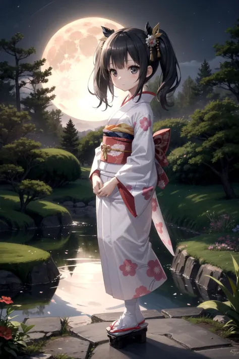 realistic, 3d, absurdres, depth of field, scenery, perfect lighting, spot light, face lighting, glossy, dark fantasy, ethereal, wide shot, scifi, tremendous sense of dynamism,
(cute little girl), small girl, 10 years old, kid, kawaii, cute face, black hair, twintail, straight hair, black eyes, tareme, drooping eyes,
japanese princess, noble, elegant kimono,
midnight, moon, moonlight, japanese garden,