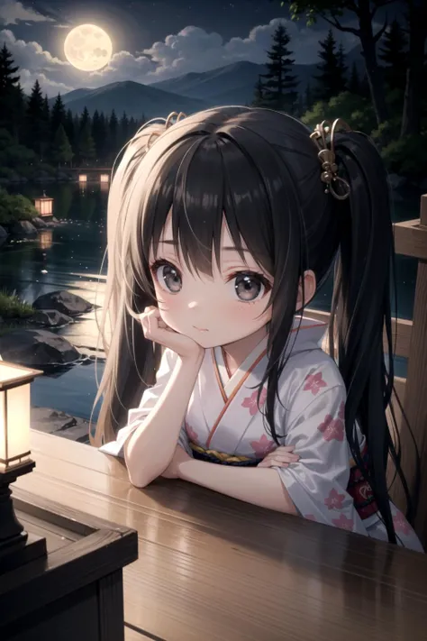 realistic, 3d, absurdres, depth of field, scenery, perfect lighting, spot light, face lighting, glossy, dark fantasy, ethereal, wide shot, scifi, tremendous sense of dynamism,
(cute little girl), small girl, 10 years old, kid, kawaii, cute face, black hair, twintail, straight hair, black eyes, tareme, drooping eyes,
japanese princess, noble, elegant kimono,
midnight, moon, moonlight, japanese garden,