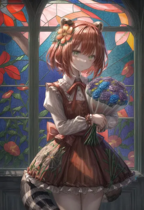 (8k, RAW photo, Masterpiece:1.2), best quality, (illustration, absurd-resolution:1.1), hyper detail, ( cinematic lighting ) ,
((breathtalking  flower)) ,(( flower Garden:1.5)), BREAK
((she has a bouquet of flowers:1.5)),
((breathtalking cute)) , ((Raccoon ears)), short hair ,braid hair , ((red hair)), ((green eyes)),  ((Cute ruffled blouse)),mini Skirt, BREAK
((very beautiful stained glass:1.4))
<lora:flat2:-0.9> <lora:hairdetailer:0.85>