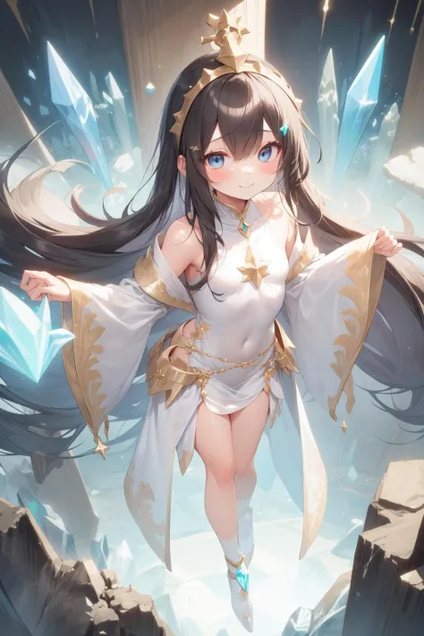 best quality, absurdres, [(mystical crystal forest background:1.5),::5], (high resolution, ultra detailed, absurdres:1.2), (stunningly beautiful:1.2), (cute little girl, ultra detailed very young face, low teen age, small breast, drooping eyes, ethereal fantasy girl:1.2), long flowing hair, vibrant black hair, dark blue eyes:1.2, white crystal silk priestess clothes, glowing magical symbols, surrounded by wisps of shimmering energy, enchanting and captivating presence, full body, little smile, crystal altar ,