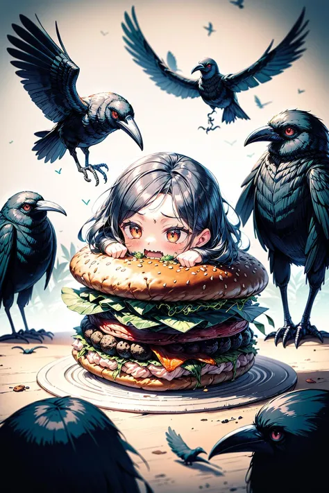 (best quality), (masterpiece),(ultra-detailed:1.2),ultra high res,
chibi,(scared:1.3),
<lora:food_girl_lora_01:1> 1girl, food, mimigirl, in food,hamburger,
<lora:Concept - Crowmancer:0.6> crowmancer, crow, bird,
<lora:flat2:-0.5>,
<lora:LowRa:0.2>