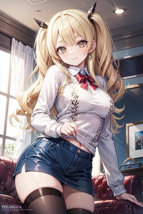 absurdres, highres, (official art, beautiful and aesthetic:1.2), ultra detail, dynamic angle, looking at viewer, from below, 
(gyaru:1.5), blonde hair, curly hair, long eyelashes, long eyebrows, 
smile, 
thighhighs, (gigantic breasts:0.8), (sweater:1.2),  
living room,