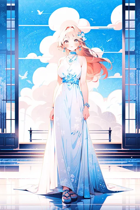 <lora:MW_å½é£æå¹³æç»_v1:0.8>,
((gfbpch, 1girl, long dress, white dress, choker necklace, earrings, jewelry, lotus flowers, sky, cloud, wind, cozy)):1.22, 
BREAK ((young woman)), adorable, clear face, solo, (((full body))):1.35, (milky skin, curvy body, slender body, idol vibe), (very long hairs, multicolor pink yellow hairs)
BREAK soft light, light on face, cinematic lighting, detailed(shadow), detailed glow,
BREAK <lora:add_detail:0.45>, extremely detailed, CG, finely detailed, (masterpiece, best quality):2.0, ((photorealistic:1.15)),
BREAK <lora:uber_saggy2:0.68>, saggy, sagging_breasts, ((medium breasts)), <lora:Front face lighting åé¢ã©ã¤ãã¢ãã v2:0.35>, <lora:GoodHands-vanilla:0.72>,