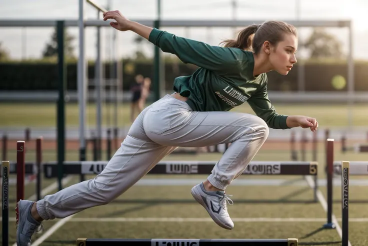 full body,photo of a 18 year old girl,hurdle race,jumping,shirt,pants,ray tracing,detail shadow,shot on Fujifilm X-T4,85mm f1.2,depth of field,blurry background,bokeh,motion blur,<lora:add_detail:1>,