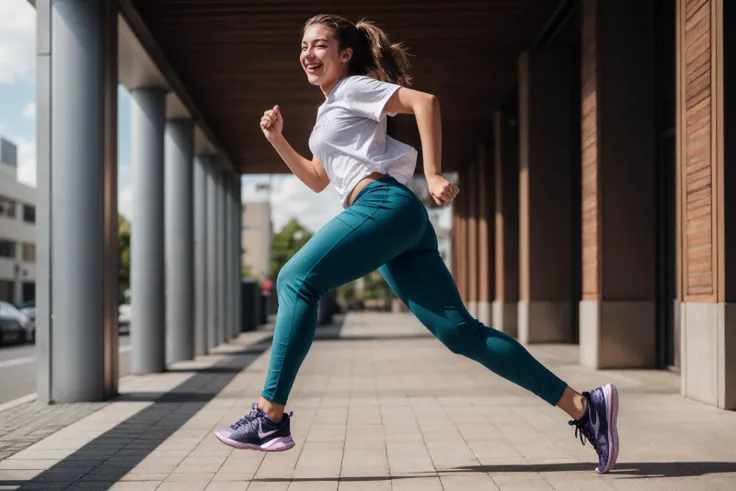full body,photo of a 18 year old girl,running,happy,laughing,shirt,pants,ray tracing,detail shadow,shot on Fujifilm X-T4,85mm f1.2,depth of field,bokeh,motion blur,<lora:add_detail:1>,