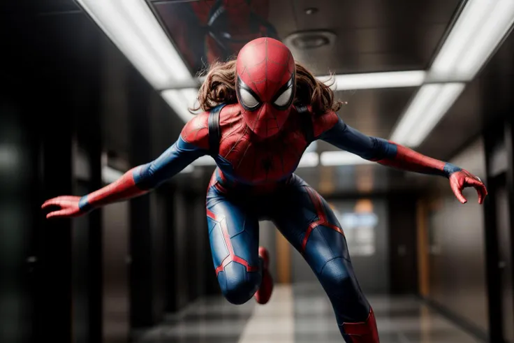 Marvel movies,full body,from below,photo of a 18 year old girl,spiderman,running,happy,laughing,ray tracing,detail shadow,shot on Fujifilm X-T4,85mm f1.2,depth of field,bokeh,motion blur,<lora:add_detail:1>,