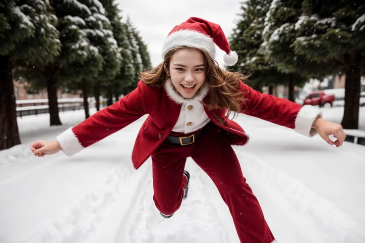 full body,from below,photo of a 18 year old girl,running,happy,laughing,Santa Clausâs outfit,Red Coat,Red Hat,Red Trousers,Black Belt,Black Boots,White Gloves,christmas theme,Christmas tree,snowman,outdoor,windy,heavy snow,detail background,ray tracing,detail shadow,shot on Fujifilm X-T4,85mm f1.2,depth of field,bokeh,motion blur,<lora:add_detail:1>,