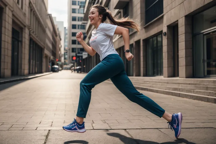 full body,photo of a 25 year old girl,running,happy,laughing,shirt,pants,ray tracing,detail shadow,shot on Fujifilm X-T4,85mm f1.2,depth of field,bokeh,motion blur,<lora:add_detail:1>,