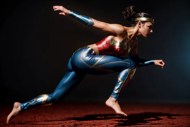 DC movies,full body,photo of a 18 year old girl,wonder woman,hurdle race,jumping,pants,ray tracing,detail shadow,shot on Fujifilm X-T4,85mm f1.2,depth of field,blurry background,bokeh,motion blur,<lora:add_detail:1>,