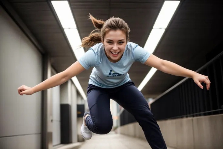 full body,photo of a 18 year old girl,diving from the sky,happy,laughing,shirt,pants,ray tracing,detail shadow,shot on Fujifilm X-T4,85mm f1.2,sharp focus,depth of field,blurry background,bokeh,motion blur,<lora:add_detail:1>,