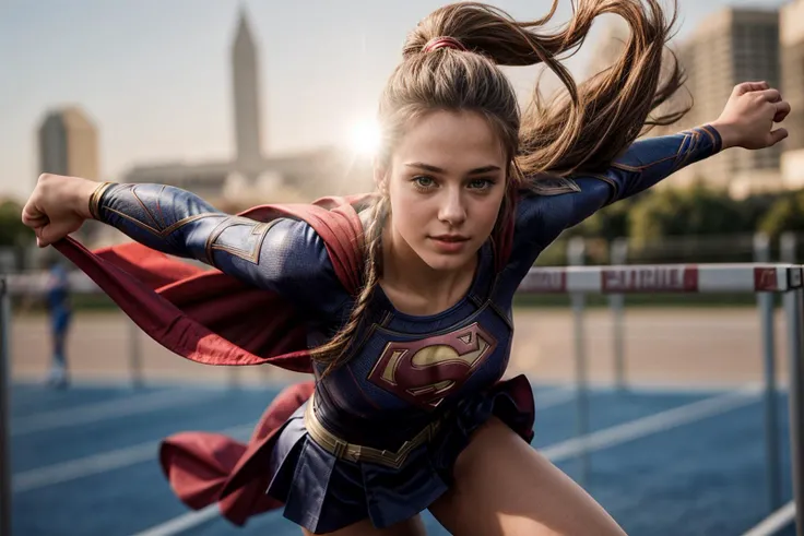 RAW, Best quality, high resolution, realistic, masterpiece: 1.3), Emma wmWatson as Supergirl, black hair, perfect nose,perfect lips, perfect eyes, smiling, detail :1.2),1 supergirl in short red skirt, shinny blue skinsuit, full body image detail, watery eyes, RAW, Best quality, high resolution, masterpiece, soft smile, sitting high outside of a satelite in space, spread legs wide open showing white lace panties, red skirt, show cameltoe, medium thick thigh, provocative and sexy pose, full body picture.