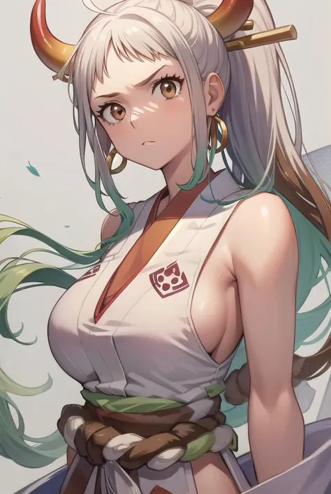 onepieceyamato, <lora:yamatotest:1>,
yamato, ahoge, aqua hair, (brown eyes:1.5), curled horns, earrings, green hair, grey hair, hair ornament, hair stick, high ponytail, horns, long hair, multicolored hair, multicolored horns, oni, red horns, shimenawa, sidelocks, v-shaped eyebrows,
BREAK bare arms, bare shoulders, hakama, japanese clothes, rope, shimenawa, sideboob, sleeveless, sleeveless kimono,,
BREAK looking at viewer,
BREAK outdoors, ocean,
BREAK <lora:GoodHands-vanilla:1>, (masterpiece:1.2), best quality, high resolution, unity 8k wallpaper, (illustration:0.8), (beautiful detailed eyes:1.6), extremely detailed face, perfect lighting, extremely detailed CG, (perfect hands, perfect anatomy),
