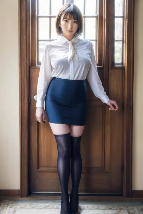 1girl, meiwashio_jav, large breasts, parted lips, bangs, brown eyes, short hair, jewelry, <lora:JAV_mei_washio_v1_epoch_12:0.8>
wearing butler attire, pencil skirt, thighhighs, standing,
looking at viewer, shot using canon DSLR,
detailed body, attractive body, perfect human body, realistic face,
(ultimate quality, masterpiece, highres:1.0), realistic:1.6, photorealistic,