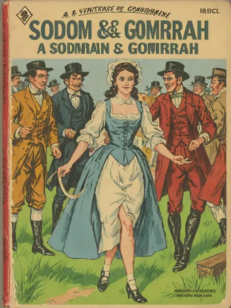 book cover of a vintage novel called "Sodom & Gomorrah!" depicting of a female Quaker pulling her skirt up exposing her ankle food joint to other Quakers in disbelieve, <lora:SDXL - Style - wizards_vintage_romance:.8>
