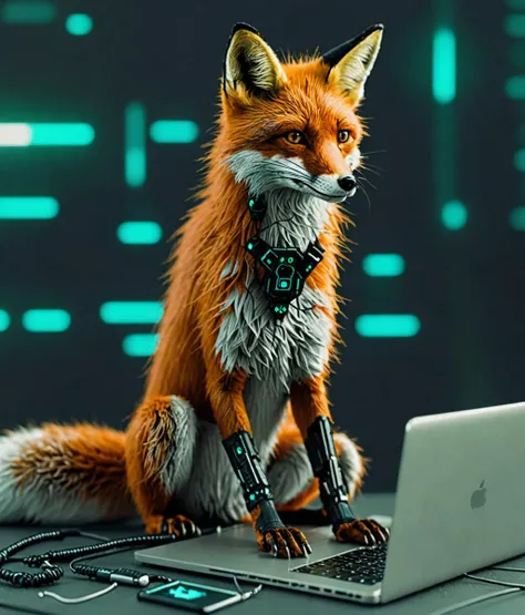 photo of a fox sitting on laptop, realism, cyberpunk, the matrix,