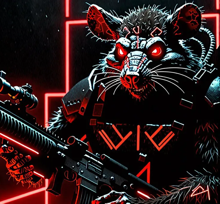 photorealistic,grimdark masterpiece,twisted malevolent rat-man hybrid,evil visage,bulky black steel armor,helmet with illuminated neon red runes,clutching a sniper rifle with illuminated neon red runes,thick matted grey and brown fur,snarling expression,cybernetic enhancements,shadowy ambiance,intricate armor detailing,illuminated neon red runes,foreboding atmosphere,dystopian backdrop,