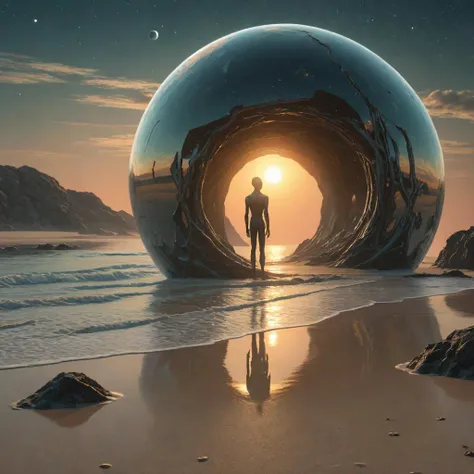 masterpiece,intricate,highest details,a slender alien steps into a big reflective orb,portal to another world,nebula,on a beach,absurdres,raytracing,