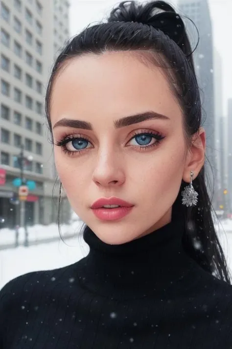 photo of <lora:robertavasquez-06:0.6>, robertavasquez, a woman, ((pale skin)), ((long hair, black hair, ponytail)), ((closeup, portrait):1.1), ((turtleneck sweater, heavy coat, snow, city street):1.2), serious, ((detailed face, beautiful face, detailed eyes, beautiful eyes):1.3), ((best quality, masterpiece, extreme details):1.2), ((lipstick, eyeliner, eye shadow):1.2),((beautiful face, beautiful eyes, detailed eyes, detailed face):1.2)