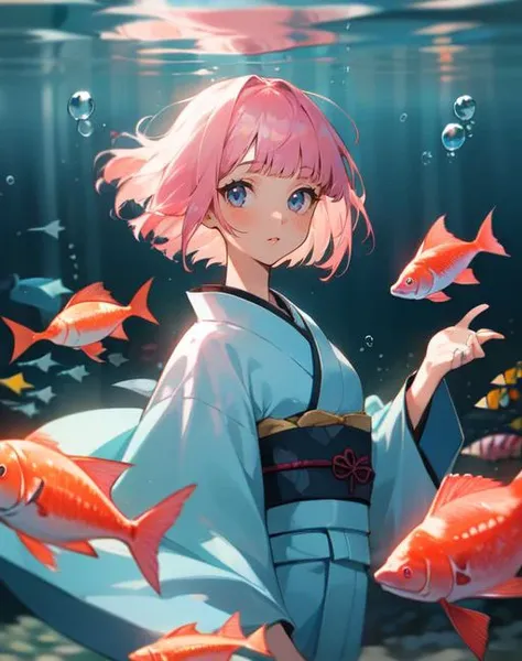 (masterpiece, best quality),(depth) of (field),  <lora:OguraMio001:0.9> 1girl, blue kimono, pink_hair, short hair, blunt bangs, bob, fish, underwater,looking at viewer, bubble, bangs, coral, sunlight, air bubble, <lora:waterlight-000007:1> floating hair,  <lora:age_slider_v2:2>, adult