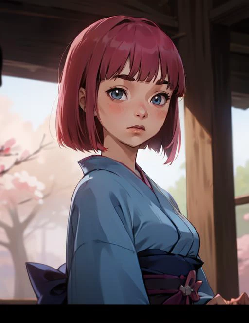 (masterpiece, best quality),(depth) of (field),  <lora:OguraMio001:0.9> 1girl, blue kimono, pink_hair, short hair, blunt bangs, bob,  <lora:arcane_offset:0.8> arcane style, adult