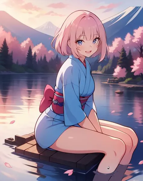 (masterpiece, best quality),(depth) of (field),  <lora:OguraMio001:0.9> 1girl, blue kimono, pink_hair, short hair, blunt bangs, bob, (floating bubbles), sitting, looking at viewer, red and black gradient eyes, sunglasses on head, beautiful mountain fuji in the background, body steam, cherry blossoms in the background, cherry blossom leaves falling, red marking on cheek, happy laughing, open mouth, BREAK detailed, ultra detailed, best quality, detailed background, {{masterpiece}}, {{an extremely detailed and delicate}}, {8k cg wallpaper}, {stunning art}, {{illustration}}, (((absurdres))), {amazing}, beautiful detailed hair, (beautiful shadow), (realistic shadow), (beautiful light), (vibrant:1.2), (saturated:1.1), (side view:1.3), (water reflection:1.2), (fisheye:1.1), (sitting sideways:1.2),, adult