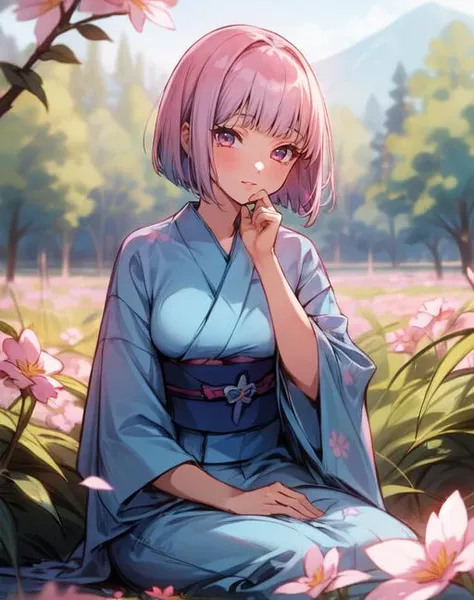 (masterpiece, best quality),(depth) of (field),  <lora:OguraMio001:0.9> 1girl, blue kimono, pink_hair, short hair, blunt bangs, bob, <lora:add_detail:0.6>, 1girl sitting in a field of green plants and flowers, her hand under her chin, warm lighting, blurry foreground, adult