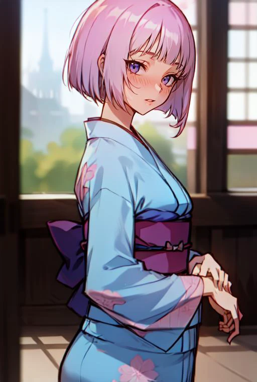 (masterpiece, best quality),(depth) of (field),  <lora:OguraMio001:0.9> 1girl, blue kimono, pink_hair, short hair, blunt bangs, bob,  <lora:ratatatat74-32dim:1>, adult