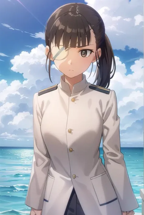 miosakamoto, <lora:mio sakamoto anime-lora-nochekaiser:1>,
mio sakamoto, long hair, black hair, (brown eyes:1.5), ponytail, (eyepatch:1.5),
BREAK uniform, military, military uniform,
BREAK outdoors, ship, ocean, sun, sky, clouds,
BREAK looking at viewer, (cowboy shot:1.5),
BREAK <lyco:GoodHands-beta2:1>, (masterpiece:1.2), best quality, high resolution, unity 8k wallpaper, (illustration:0.8), (beautiful detailed eyes:1.6), extremely detailed face, perfect lighting, extremely detailed CG, (perfect hands, perfect anatomy),