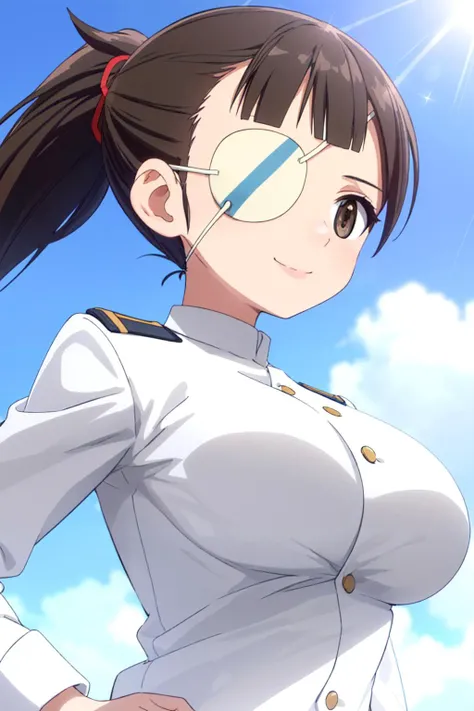 (perfect body),highest quality,16k、Masseter muscle part、((NSFW))、((blush))、((((embarrassing))))、:d、one eye closed、((muscular))、(((brown skin)))、Tree Fe○lumes、short hair、bob cut、(yellow eyes),((black hair))、dull bangs、police hat、((Sweat))、(big ass)、huge breasts、swollen nipples、((thick thighs))、(Gold Bikini)、Open jacket in navy blue、white knee socks、(beach)、