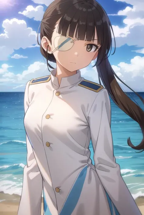 miosakamoto, <lora:mio sakamoto anime-lora-nochekaiser:1>,
mio sakamoto, long hair, black hair, (brown eyes:1.5), ponytail, (eyepatch:1.5),
BREAK uniform, military, military uniform,
BREAK outdoors, ship, ocean, sun, sky, clouds,
BREAK looking at viewer, (cowboy shot:1.5),
BREAK <lyco:GoodHands-beta2:1>, (masterpiece:1.2), best quality, high resolution, unity 8k wallpaper, (illustration:0.8), (beautiful detailed eyes:1.6), extremely detailed face, perfect lighting, extremely detailed CG, (perfect hands, perfect anatomy),