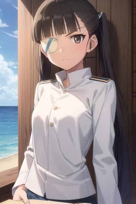 miosakamoto, <lora:mio sakamoto anime-lora-nochekaiser:1>,
mio sakamoto, long hair, black hair, (brown eyes:1.5), ponytail, (eyepatch:1.5),
BREAK uniform, military, military uniform,
BREAK outdoors, ship, ocean, sun, sky, clouds,
BREAK looking at viewer, (cowboy shot:1.5),
BREAK <lyco:GoodHands-beta2:1>, (masterpiece:1.2), best quality, high resolution, unity 8k wallpaper, (illustration:0.8), (beautiful detailed eyes:1.6), extremely detailed face, perfect lighting, extremely detailed CG, (perfect hands, perfect anatomy),