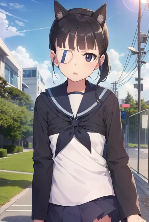miosakamoto, <lora:mio sakamoto manga-lora-nochekaiser:1>,
mio sakamoto, sakamoto mio, black hair, animal ears, ponytail, (black eyes:1.5), (eyepatch:1.5), dog ears, bangs, blunt bangs,
BREAK school uniform, swimsuit, school swimsuit, swimsuit under clothes, serafuku, blue sailor collar, long sleeves,
BREAK outdoors, nature, forest, trees, grass, sun, sky, clouds,
BREAK looking at viewer,
BREAK <lyco:GoodHands-beta2:1>, (masterpiece:1.2), best quality, high resolution, unity 8k wallpaper, (illustration:0.8), (beautiful detailed eyes:1.6), extremely detailed face, perfect lighting, extremely detailed CG, (perfect hands, perfect anatomy),