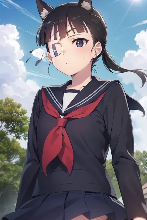 miosakamoto, <lora:mio sakamoto manga-lora-nochekaiser:1>,
mio sakamoto, sakamoto mio, black hair, animal ears, ponytail, (black eyes:1.5), (eyepatch:1.5), dog ears, bangs, blunt bangs,
BREAK school uniform, swimsuit, school swimsuit, swimsuit under clothes, serafuku, blue sailor collar, long sleeves,
BREAK outdoors, nature, forest, trees, grass, sun, sky, clouds,
BREAK looking at viewer,
BREAK <lyco:GoodHands-beta2:1>, (masterpiece:1.2), best quality, high resolution, unity 8k wallpaper, (illustration:0.8), (beautiful detailed eyes:1.6), extremely detailed face, perfect lighting, extremely detailed CG, (perfect hands, perfect anatomy),