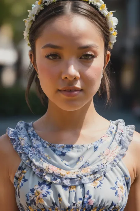 close up photo of gabsy1 with a happy look on the face, (upper body), house wife style, (floral print milkmaid dress:1.3), in front of city street, (city street), detailed skin texture, (blush:0.5), (goosebumps:0.5), subsurface scattering, ultra hd, 4k, high def, realistic, Photorealistic, Hyperrealistic, Hyperdetailed, analog style, detailed skin, matte skin, soft lighting, subsurface scattering, realistic, heavy shadow, masterpiece, best quality, ultra realistic, 8k, golden ratio, Intricate, High Detail, film photography, soft focus