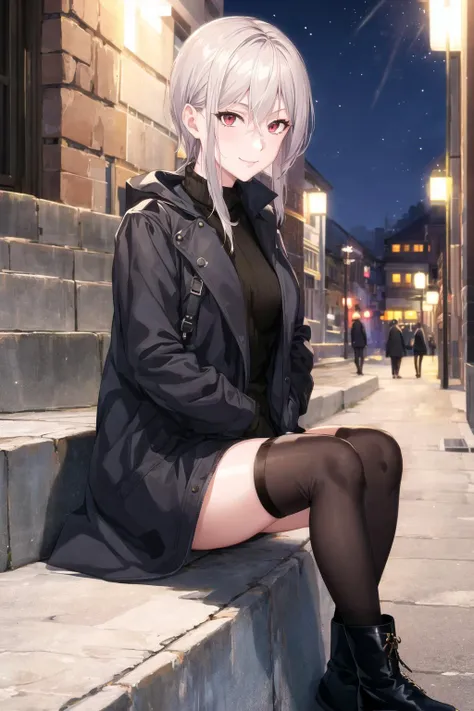 masterpiece, best quality, AliceKV4, 1girl, solo, looking at viewer, smile, black sweater, long coat, black coat, sitting, city alley, night, professional light, steps, light, hands in pocket, ankle boots, zettai ryouiki