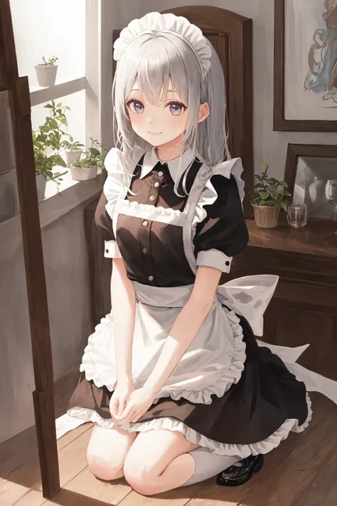 masterpiece, best quility, high_quality, high_resolution, masterpiece*portait, 1girl, solo, maid, maid headdress, maid apron, little smile, silver hair, [silver|black] eyes, full_body, Hands down position, frills, many frills,