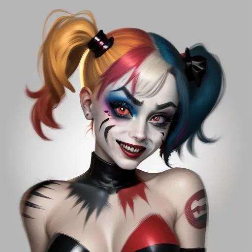 "prompt": "Describe the face of Harley Quinn.",
"context": "Harley Quinn's face is a captivating reflection of her unique personality and vibrant character. She is known for her bold and unconventional style that sets her apart from the crowd. Harley Quinn's complexion is typically portrayed with a pale or white foundation, creating a stark contrast to her colorful features. Her eyes are framed with dramatic makeup, often featuring heavy black eyeliner and vibrant eyeshadow. Her eyebrows are expressive and may be styled with exaggerated arches, adding to her animated expressions. Harley Quinn's lips are a focal point, often painted in bold red or pink shades, accentuating her mischievous smile. Her face showcases a balance between soft and sharp features, creating a playful and animated appearance. Harley Quinn's face is a canvas for self-expression, often adorned with unique tattoos or facial markings that reflect her distinctive personality. Her overall look is a true embodiment of rebelliousness and eccentricity, captivating both fans and adversaries alike, with the use of negative space."