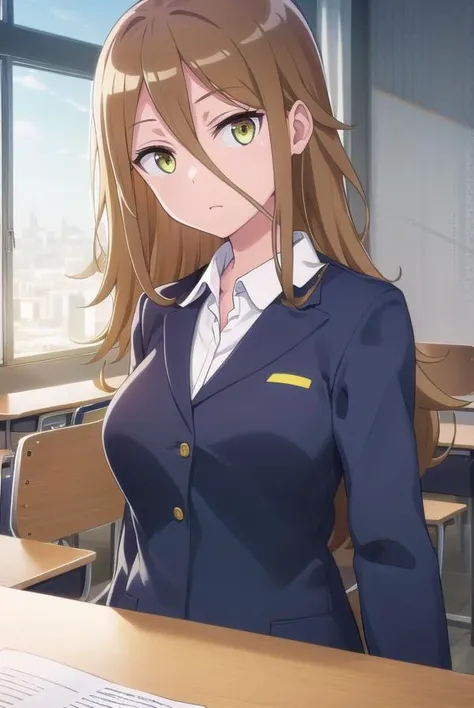 rumikaaina, <lora:rumika aina s1-lora-nochekaiser:1>,
rumika aina, long hair, brown hair, hair between eyes, (green eyes:1.3),
BREAK skirt, shirt, jacket, formal, suit, office lady, skirt suit,
BREAK indoors, classroom,
BREAK looking at viewer,
BREAK <lyco:GoodHands-beta2:1>, (masterpiece:1.2), best quality, high resolution, unity 8k wallpaper, (illustration:0.8), (beautiful detailed eyes:1.6), extremely detailed face, perfect lighting, extremely detailed CG, (perfect hands, perfect anatomy),