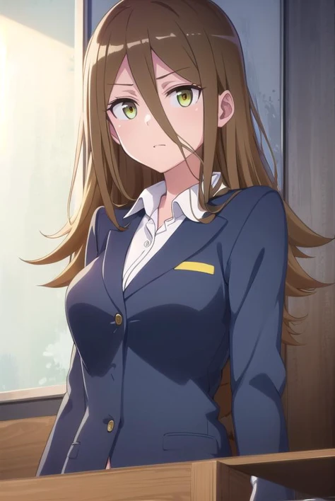rumikaaina, <lora:rumika aina s1-lora-nochekaiser:1>,
rumika aina, long hair, brown hair, hair between eyes, (green eyes:1.3),
BREAK skirt, shirt, jacket, formal, suit, office lady, skirt suit,
BREAK indoors, classroom,
BREAK looking at viewer,
BREAK <lyco:GoodHands-beta2:1>, (masterpiece:1.2), best quality, high resolution, unity 8k wallpaper, (illustration:0.8), (beautiful detailed eyes:1.6), extremely detailed face, perfect lighting, extremely detailed CG, (perfect hands, perfect anatomy),