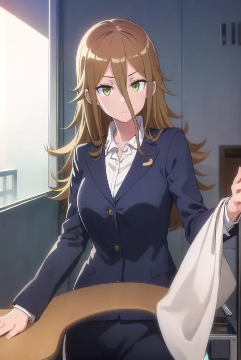 rumikaaina, <lora:rumika aina s1-lora-nochekaiser:1>,
rumika aina, long hair, brown hair, hair between eyes, (green eyes:1.3),
BREAK skirt, shirt, jacket, formal, suit, office lady, skirt suit,
BREAK indoors, classroom,
BREAK looking at viewer,
BREAK <lyco:GoodHands-beta2:1>, (masterpiece:1.2), best quality, high resolution, unity 8k wallpaper, (illustration:0.8), (beautiful detailed eyes:1.6), extremely detailed face, perfect lighting, extremely detailed CG, (perfect hands, perfect anatomy),