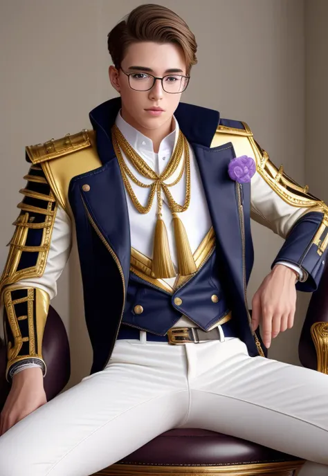 1boy, 16~20 years old, male focus, muscular male, nsfw, 3D, realistic, indoor, normal hue, central, golden ratio, sitting on the leather throne, sharp-featured body, tall, burly, highres, slender build, perfect anatomy, skin texture, thick dark buzzcut hair, see-through bangs, shallow eyebrow, symmetrical eyebrow, large bright eyes, symmetrical eyes, square gold-rimmed glasses, big straight nose, closed mouth, broad shoulders, noble attire, bdominal stretch, tight-fitting, stand-up collared shirt, golden tassel, vest, open white gold-trimmed leather jacket, golden shoulder armor, leather gloves, white trousers, leather belt, spreading long thin legs, <lora:OnlyCocks_v1.0:0.5>, large erect penis over 10 inches length and 3 inches width, erection, large scrotum with testicles, masturbation, high-heeled leather boots, soft smile, handsome, powerful, from front, looking ahead at viewer, day, masterpiece, best quality, hyper-detailed, intricate detail, professional photography, matte, bright, the most beautiful ever seen, post processing, dreamatic lighting, ambient lighting, epic composition, ultrawide shot, uplight, raytracing reflections, depth of field, gorgeous background <lora:6.GenshinImpactKamisatoAyato_v1.0:1>