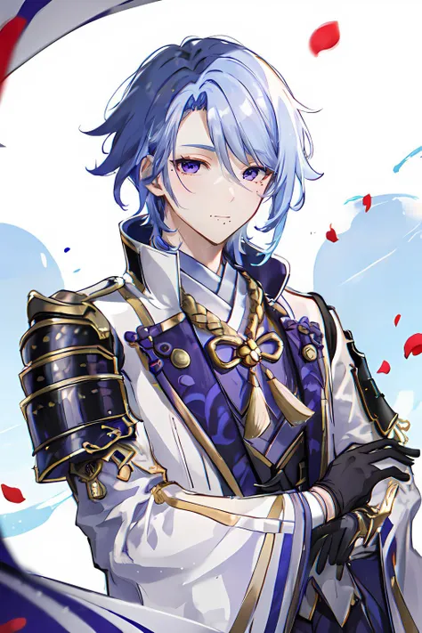 <lora:ayato:1>, kamisato ayato, 1boy, japanese armor, male focus, armor, gloves, black gloves, shoulder armor, tassel, solo, mole, purple eyes, bangs, japanese clothes, blue hair, mole under mouth, sode, rain, closed mouth, gold trim, petals, upper body